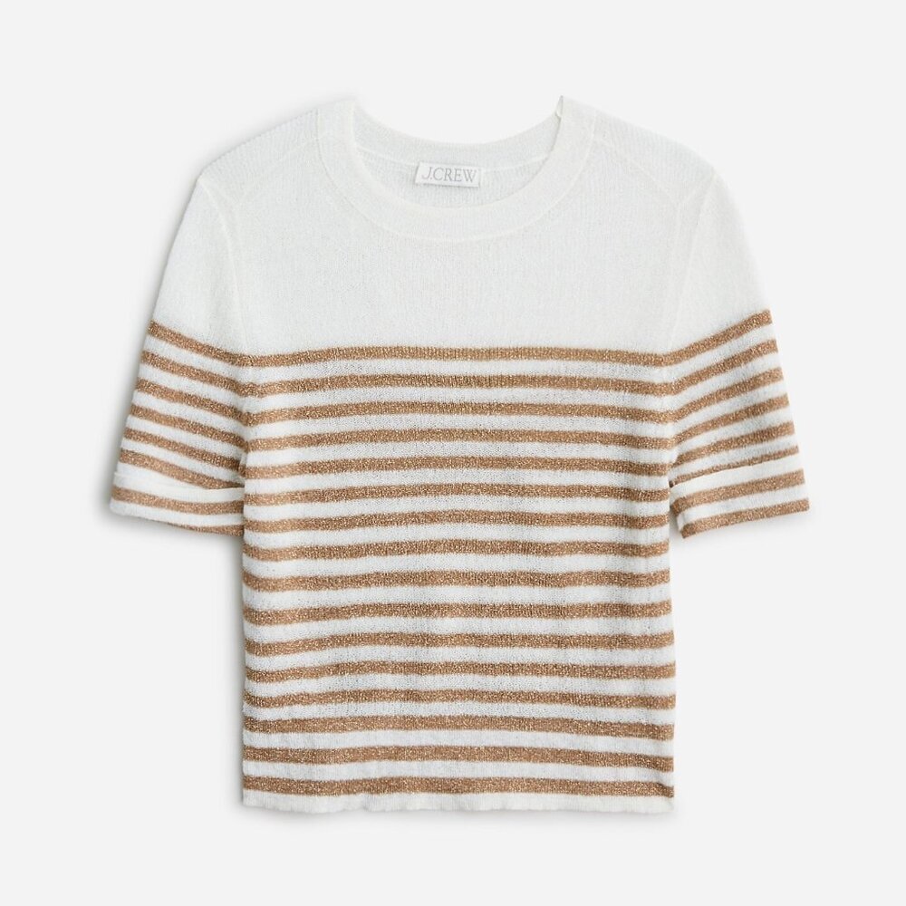 NWT J. Crew Cotton-Blend Gauze Sweater-Tee Metallic Stripe White Gold Medium